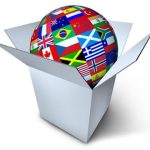 Image showing white carton box with a globe covered in the flag colours of the BRIC states