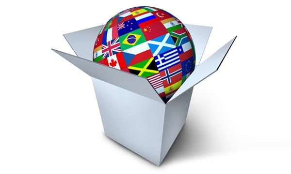 Image showing white carton box with a globe covered in the flag colours of the BRIC states