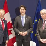 Donald Tusk, President of the European Council, Justin Trudeau, Canadian Prime Minister, and Jean-Claude Juncker (from left to right)