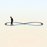 Zeitenwende | Man moves along an infinity symbol, businessman walks round in circles, metaphor of unsolvable problems, endless searches or being looped in routine, abstract depiction of business issues. Mann bewegt sich entlang eines Unendlichkeitssymbols, Geschäftsmann läuft im Kreis, Metapher für unlösbare Probleme, endloses Suchen oder sich in Routine verstricken, abstrakte Darstellung von Geschäftsproblemen.