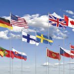 Flags of NATO - North Atlantic Treaty Organization, Sweden, Finland. - 3D illustration. Isolated on sky background. Flaggen der NATO - North Atlantic Treaty Organization, Schweden, Finnland. - 3D-Illustration. Isoliert auf Himmel Hintergrund.
