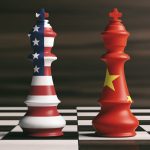 USA and China cooperation concept. US America and China flags on chess kings on a chess board, brown wooden background. 3d illustration.