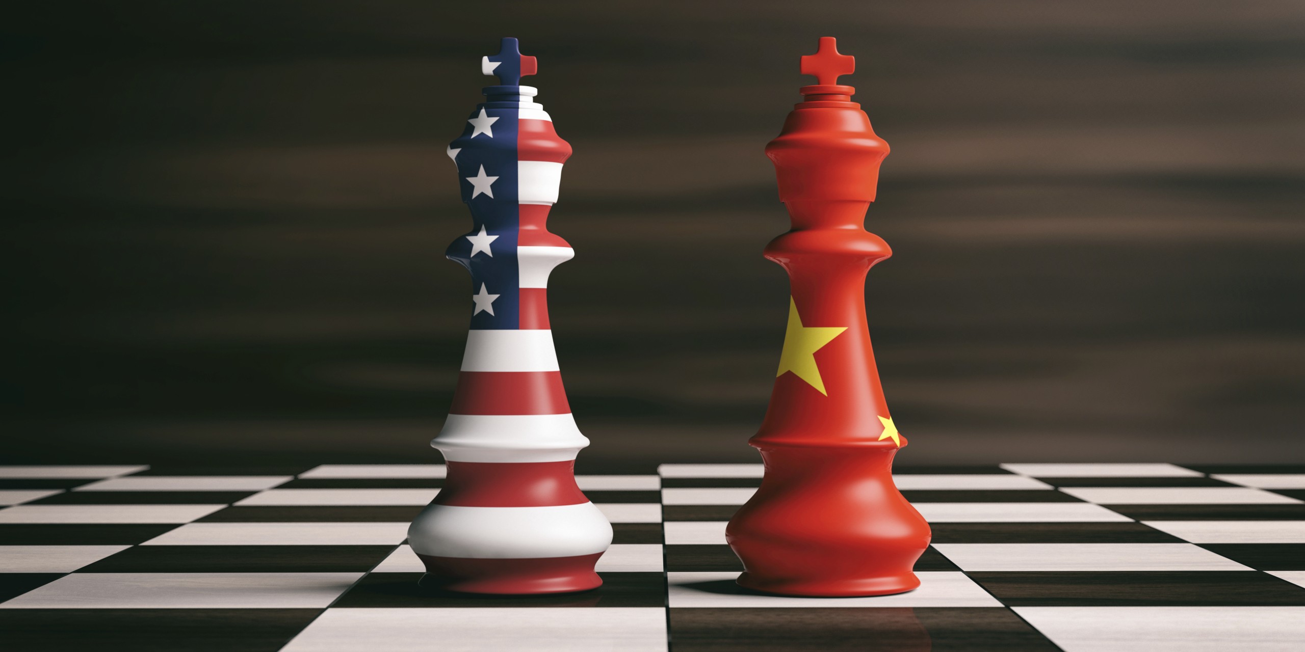 USA and China cooperation concept. US America and China flags on chess kings on a chess board, brown wooden background. 3d illustration.