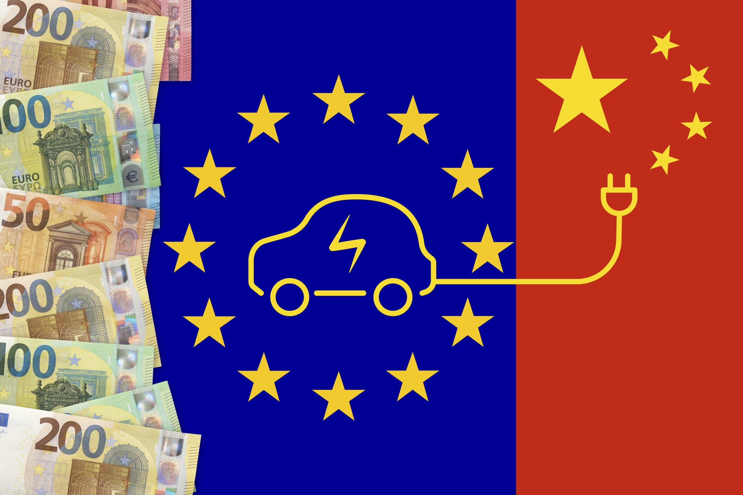 Euros notes on a European union flag background. Taxes for chinese EV cars import in Europe Union. EU and China trade war; Shutterstock ID 2464996799; purchase_order: ID-2287 | Bild f?r GED-Blog ST-EZ; client: Bertelsmann Stiftung ; other: