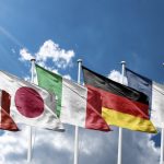 G7 summit or meeting concept. Row from flags of members of G7 group of seven and list of countries