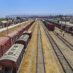 Panorama of railway tracks with trains. The station is visible on the right. Shot in Termez, Uzbekistan. Panorama der Gleise mit Z?gen. Der Bahnhof ist auf der rechten Seite zu sehen. Aufgenommen in Termez, Usbekistan.