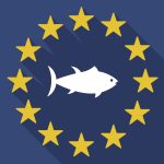 Illustration of a long shadow EU flag with a tuna fish. Illustration einer EU-Flagge mit langem Schatten und einem Thunfisch.