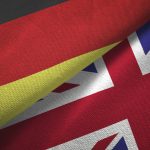 Germany and United Kingdom two flags textile cloth, fabric texture